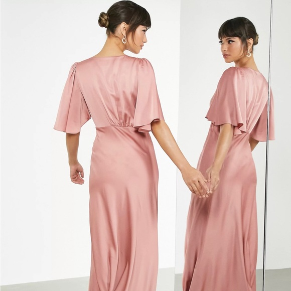 ASOS EDITION satin flutter sleeve maxi dress with button front in dusky rose - Picture 4 of 5